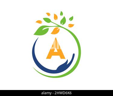 Charity Logo with Hand, Leaf and A Letter Concept. Hand Care Foundation, Charity Logo On Letter A Vector Stock Vector
