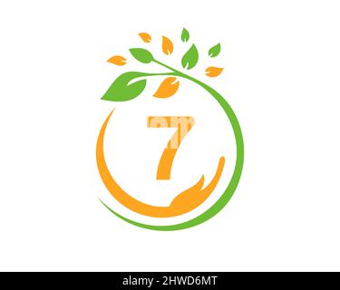 Charity Logo with Hand, Leaf and 7 Letter Concept. Hand Care Foundation, Charity Logo On Letter 7 Vector Stock Vector