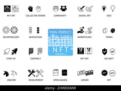 Pixel perfect vector icon set for NFT Non-Fungible Token concept. Stock Vector