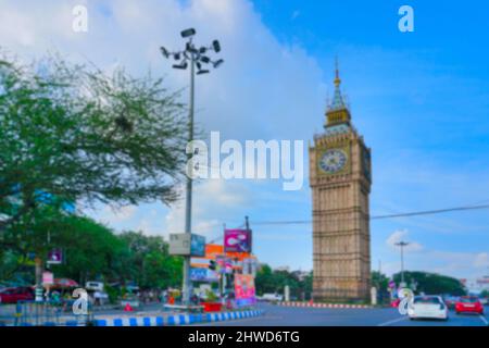 Blurred image of Kolkata, West Bengal, India. Big Ben watch watching over Kolkata city , a replica of Big Ben of London made at Laketown. A famous tou Stock Photo