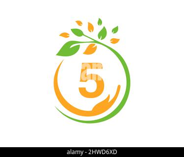 Charity Logo with Hand, Leaf and 5 Letter Concept. Hand Care Foundation, Charity Logo On Letter 5 Vector Stock Vector