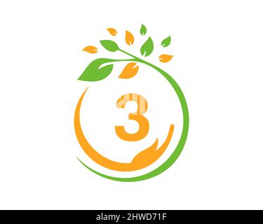 Charity Logo with Hand, Leaf and 3 Letter Concept. Hand Care Foundation, Charity Logo On Letter 3 Vector Stock Vector