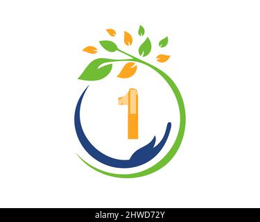 Charity Logo with Hand, Leaf and 1 Letter Concept. Hand Care Foundation, Charity Logo On Letter 1 Vector Stock Vector