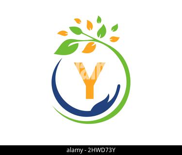 Charity Logo with Hand, Leaf and Y Letter Concept. Hand Care Foundation, Charity Logo On Letter Y Vector Stock Vector