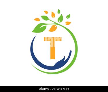 Charity Logo with Hand, Leaf and T Letter Concept. Hand Care Foundation, Charity Logo On Letter T Vector Stock Vector