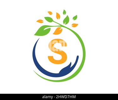 Charity Logo with Hand, Leaf and S Letter Concept. Hand Care Foundation, Charity Logo On Letter S Vector Stock Vector
