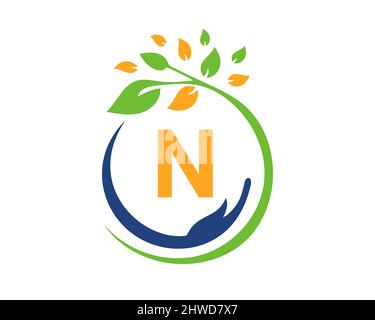 Charity Logo with Hand, Leaf and N Letter Concept. Hand Care Foundation, Charity Logo On Letter N Vector Stock Vector