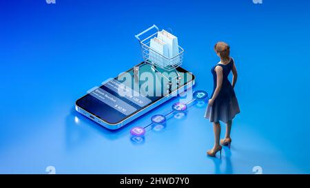Woman with shopping cart and smartphone screen on background. Shopping Trolley. Grocery push cart. Online shopping, advertising concept and e wallet. Stock Photo