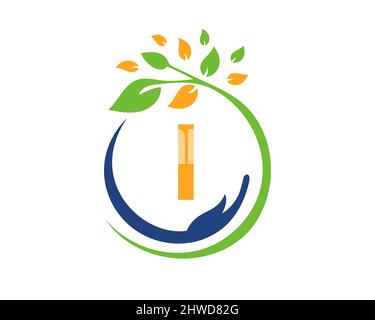 Charity Logo with Hand, Leaf and I Letter Concept. Hand Care Foundation, Charity Logo On Letter I Vector Stock Vector