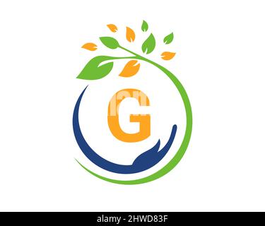 Charity Logo with Hand, Leaf and G Letter Concept. Hand Care Foundation, Charity Logo On Letter G Vector Stock Vector