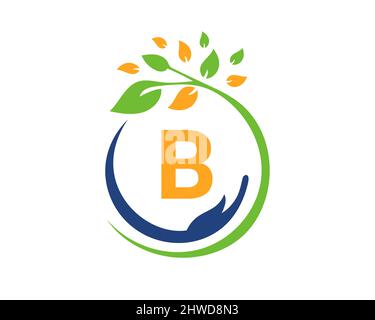 Charity Logo with Hand, Leaf and B Letter Concept. Hand Care Foundation, Charity Logo On Letter B Vector Stock Vector