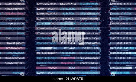 Strings with passwords. Animation. Generating VPN in computer database. Dates, addresses and passwords are distributed in electronic futuristic table. Stock Photo
