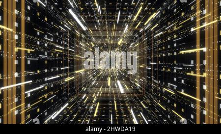 Neon tunnel with colorful stream of shining particles. Animation. Square tunnel of cyber space with 3D neon stripes and colorful particles on black ba Stock Photo