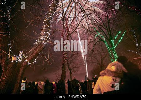 Couple embracing and watching New Year's fireworks and the girl shooting on the phone on Primorsky Boulevard in Odessa Ukraine Stock Photo