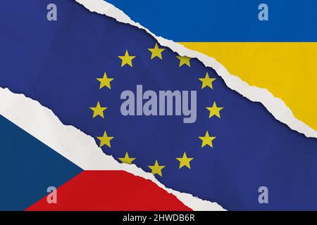 Ukraine, European Union, Czech Republic flag ripped paper grunge background Stock Photo