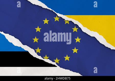 Ukraine, European Union, Estonia flag ripped paper grunge background Stock Photo