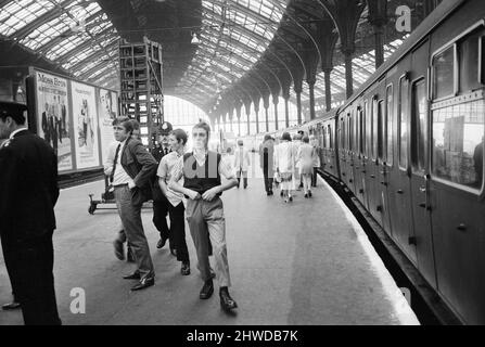 The scene at Brighton railway station where two dozen police officers sorted out, searched and warned groups of skinheads as they arrived in the town on the Bank Holiday weekend. 31st August 1970. Stock Photo