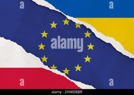 Ukraine, European Union, Poland flag ripped paper grunge background Stock Photo