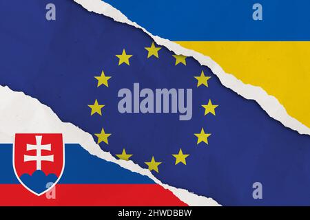 Ukraine, European Union, Slovakia flag ripped paper grunge background Stock Photo