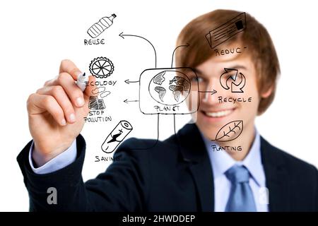 Portrait of a young businessman drawing ecology scheme on a glass board. Stock Photo