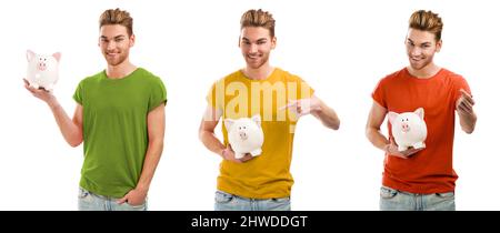 Collage of a young man holding a piggybank and smiling, isolated over a white background Stock Photo