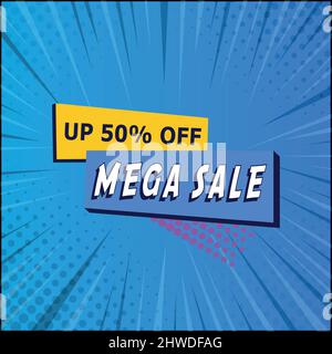 Comic zoom web banner, business card, template MEGA SALE 50 percent - Vector illustration Stock Vector