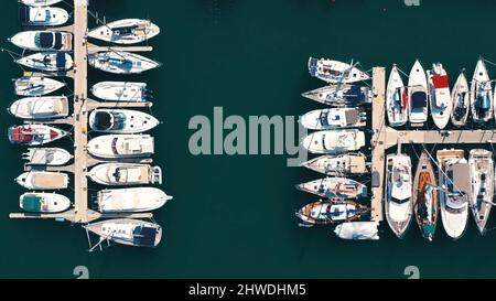 Top view of boats in Procida, Italy, the most popular tourist attractions on the beach. Yacht parking, yacht and sailboat is moored at the quay Stock Photo