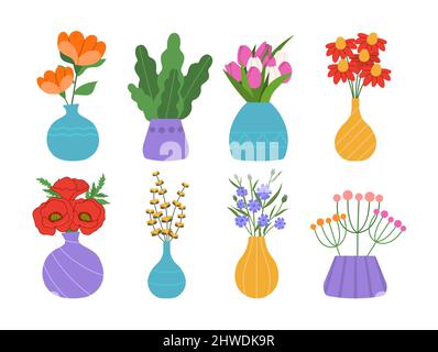 Set of wild and garden blooming flowers in vases and bottles Stock Vector