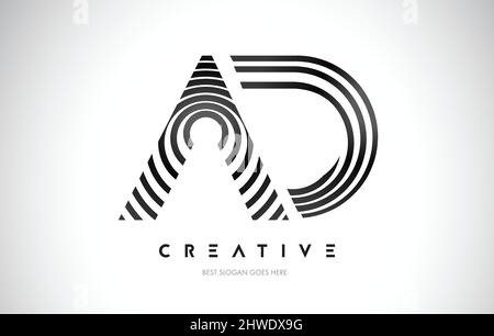 AD Lines Warp Logo Design.Vector Letter Icon Made with Black Circular Lines. Stock Vector