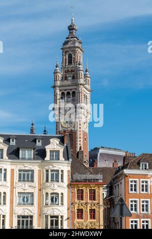 Lille, France, February 28, 2022. The belfry of the Hôtel de ville de Lille, is the tallest civilian belfry in Europe. Stock Photo