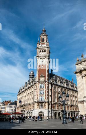 Lille, France, February 28, 2022. The belfry of the Hôtel de ville de Lille, is the tallest civilian belfry in Europe. Stock Photo