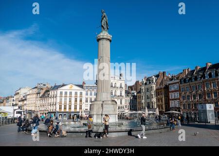 Lille, France, February 28, 2022. Place Charles de Gaulle,  column with statue Stock Photo