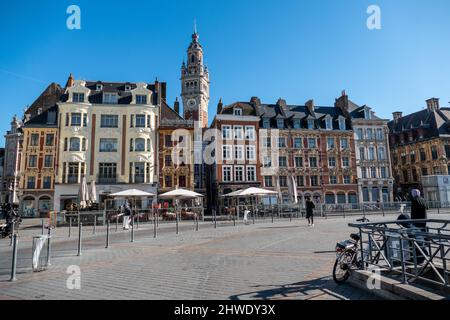 Lille, France, February 28, 2022. Place Charles de Gaulle and Belfry Stock Photo