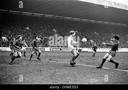 Sheffield Wednesday v Scunthorpe United FA Cup fourth round match at Hillsborough January 1970.   Wednesday's Jack Whitham gets the ball, turns and scores 1st goal    Final score:  Sheffield Wednesday 1-2 Scunthorpe United Stock Photo