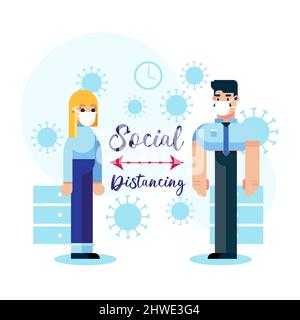 Social distancing, keep distance in public society people to protect from COVID-19 coronavirus outbreak spreading concept, businessman and woman keep Stock Vector