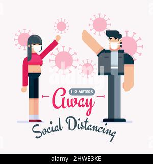 Social distancing set of icons. Simple man or woman with arrow distance between. Can be used during coronavirus covid-19 outbreak prevention design Stock Vector