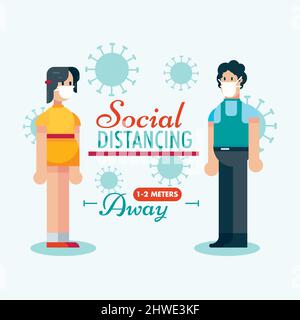 Social Distancing 2 meter cartoon people in Covid 19 virus pandemic vector poster illustration banner design background Stock Vector
