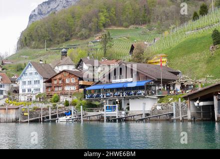 Panoramic view of wine village Quinten situated at Lake Walen, St. Gallen, Switzerland. High quality photo Stock Photo