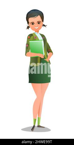 Pretty little girl in scout uniform with badges. Cheerful girl. Standing pose. Cartoon flat design in comic style. Single character. Illustration Stock Vector