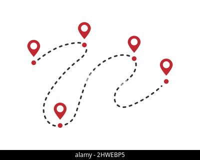 Dotted path line with red points vector illustration. Travel concept with path way. Vector flat map way isolated Stock Vector