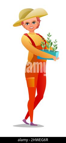 Little girl villager farmer in overalls. Teen is an agricultural worker. Cheerful person Standing pose. Cartoon comic style design. Single character Stock Vector