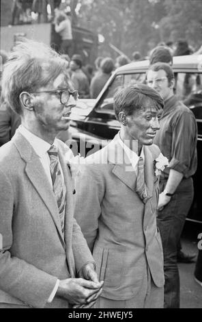 British modern artists Gilbert Proesch and George Passmore, known as Gilbert and George, pictured at the Hyde Park all day pop concert, headlined by the Rolling Stones.5th July 1969. Stock Photo