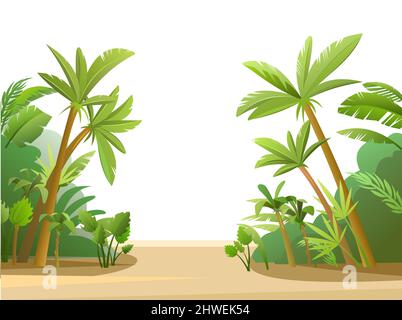 Palm trees in tropical forest. Beautiful summer landscape. Scenery beach. Isolated on white background. Vector. Stock Vector