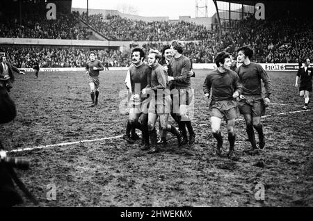 Sheffield Wednesday v Scunthorpe United FA Cup fourth round match at Hillsborough January 1970.   Victorious Scunthorpe players come off the field    Final score:  Sheffield Wednesday 1-2 Scunthorpe United Stock Photo