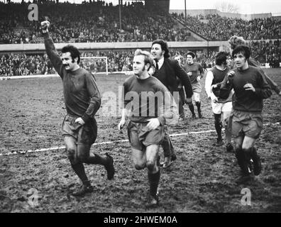 Sheffield Wednesday v Scunthorpe United FA Cup fourth round match at Hillsborough January 1970.   Victorious Scunthorpe players come off the field    Final score:  Sheffield Wednesday 1-2 Scunthorpe United Stock Photo