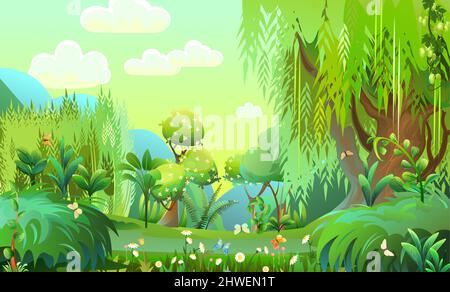 Fairy forest. Wild flowers and butterflies. Mature willow trees. Morning sky. Dense thickets with flowers and butterflies. Beautiful summer landscape Stock Vector