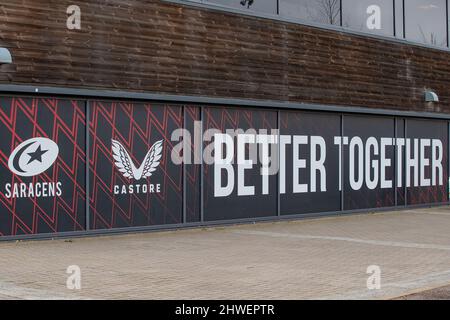 Barnet, United Kingdom. 05th Mar, 2022. Gallagher Premiership Rugby. Saracens V Leicester Tigers. StoneX Stadium. Barnet. “Better Together” signage at Saracens Credit: Sport In Pictures/Alamy Live News Stock Photo