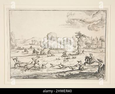 Hunting Scene: Near the Kill (after a design of Jacques Callot 1592-1635).  Artist: Ercole Bazzicaluva, Italian, c. 1610–after 1641After: Jacques Callot, French, 1592–1635 Stock Photo