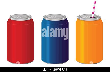 A set of colored aluminum cans isolated on white background, vector illustration Stock Vector