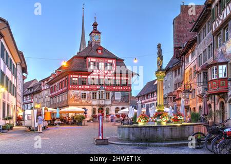 Evening in Stein am Rhein, with the Town Hall in Rathausplatz. Stein am Rhein is a historic town west of Lake Constance (Bodensee) canton of Schaffhau Stock Photo